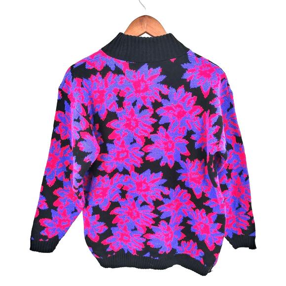 Vintage Spunky Black Purple & Pink Metallic Floral Grandma Knit Sweater Medium - Picture 2 of 6